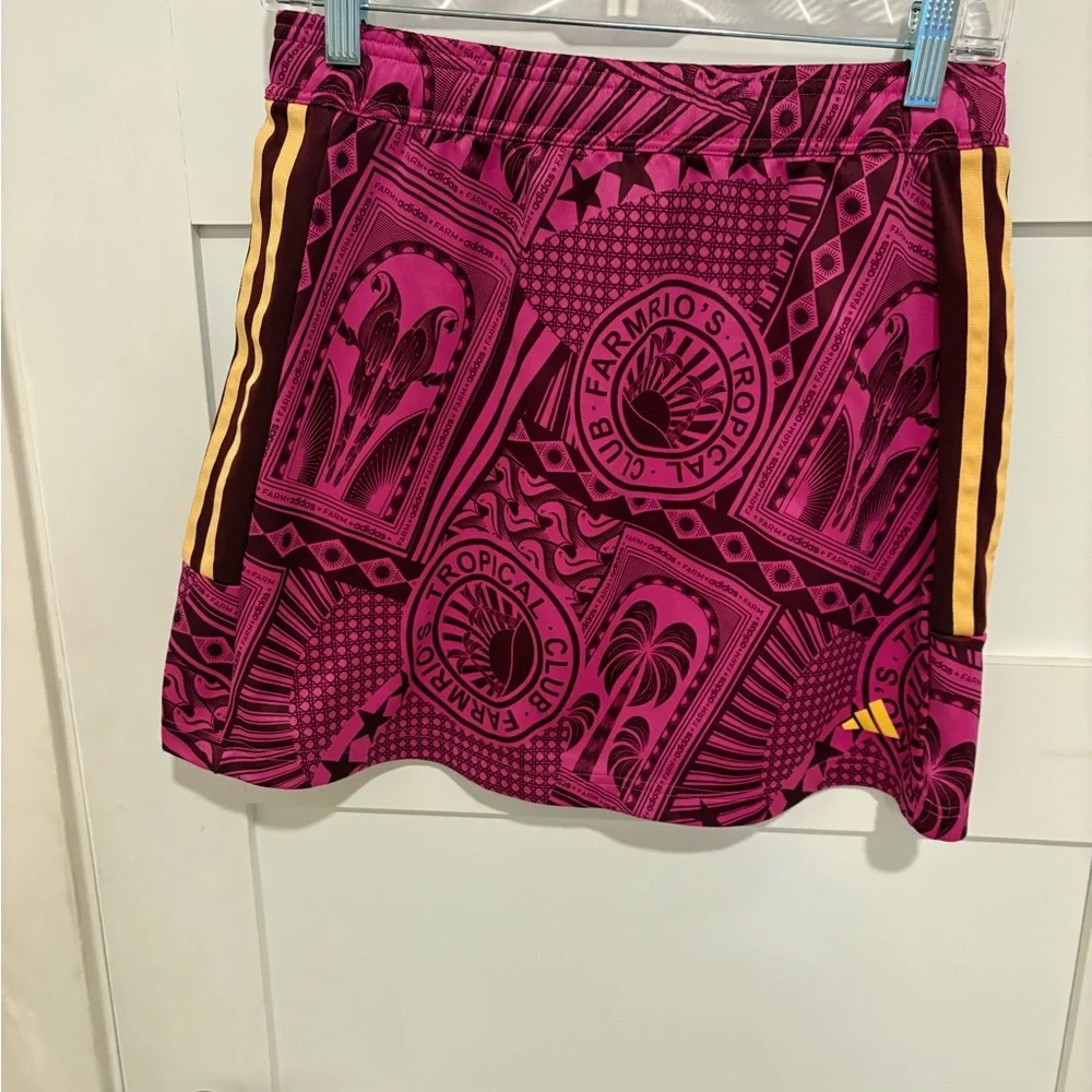 FARM Rio x Adidas Pink Tropical Print Mini Skirt with Gold Stripes - Picture 3 of 12